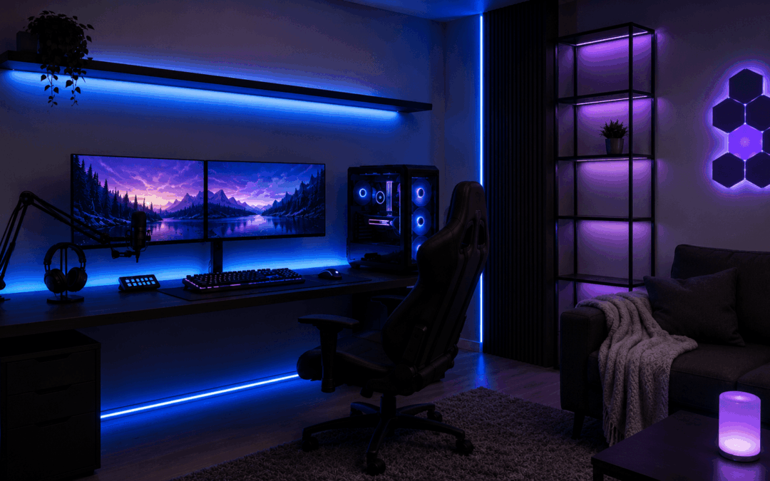 Stijlvolle game room thuis met moderne gaming setup