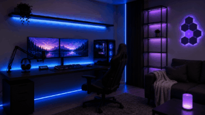 Stijlvolle game room thuis met moderne gaming setup